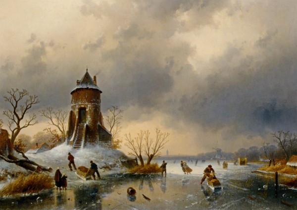 A Winter Landscape with Skaters on the Ice by Charles Henri Joseph Leickert